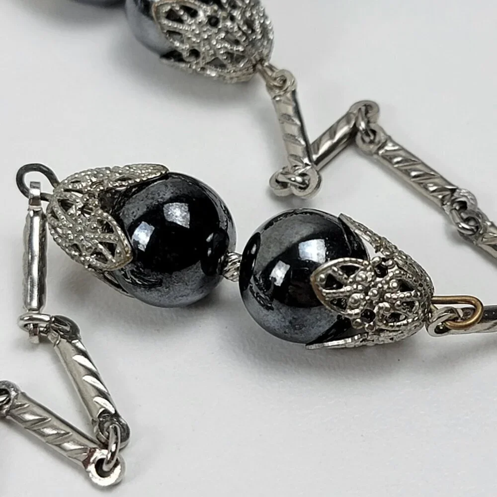 Vtg. Lisa Gray Hematite Long Strand Station Necklace 53 Inch Silver-Tone Opera